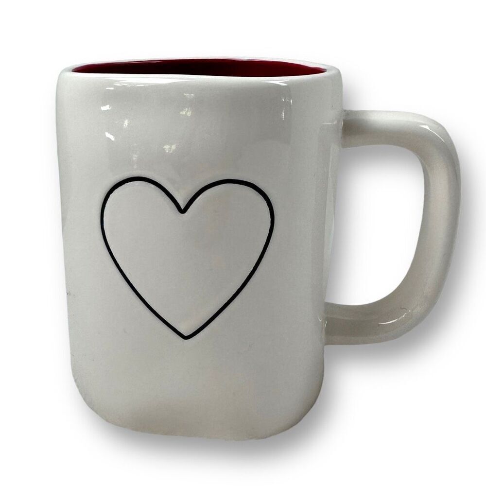 Rae Dunn Valentine's Day Ceramic Coffee Mug Cup 16oz White Red Interior Heart‎